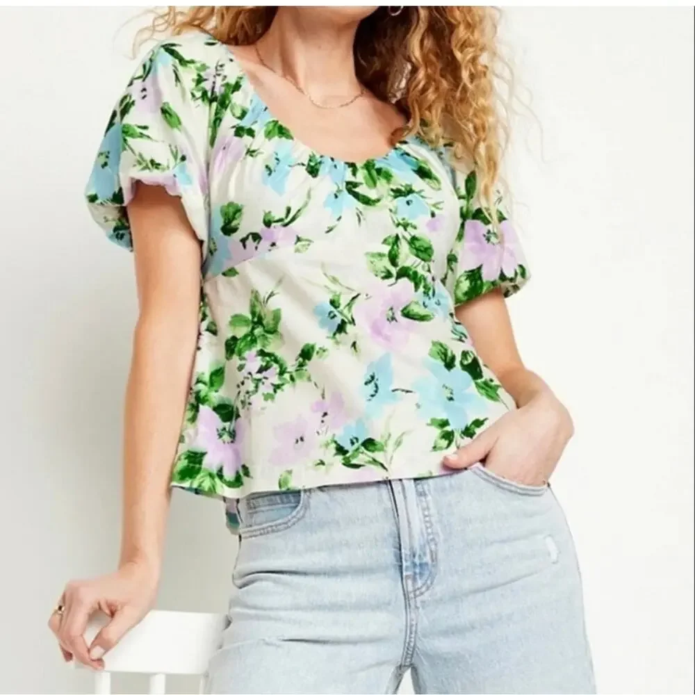 Old Navy Floral Peasant Style Blouse XL Puff Sleeve Scoop Neck Smocked Cotton